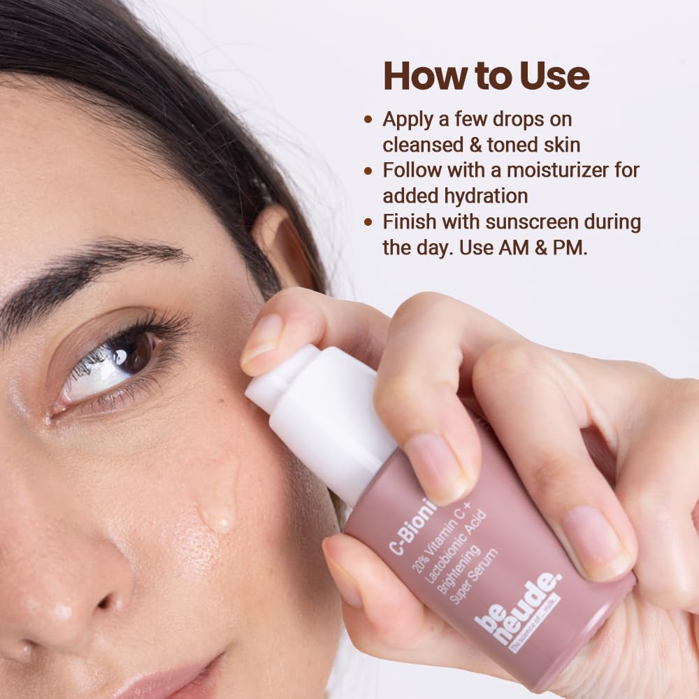 Be Neude C-Bionic 20% Vitamin C Serum 30ml with Lactobionic Acid for Face Brightening & 24hrs Hydration with Vitamin E Red Algae Gel Kakadu Plum Glutathione for All Skin Types & Sensitive Skin Friendly