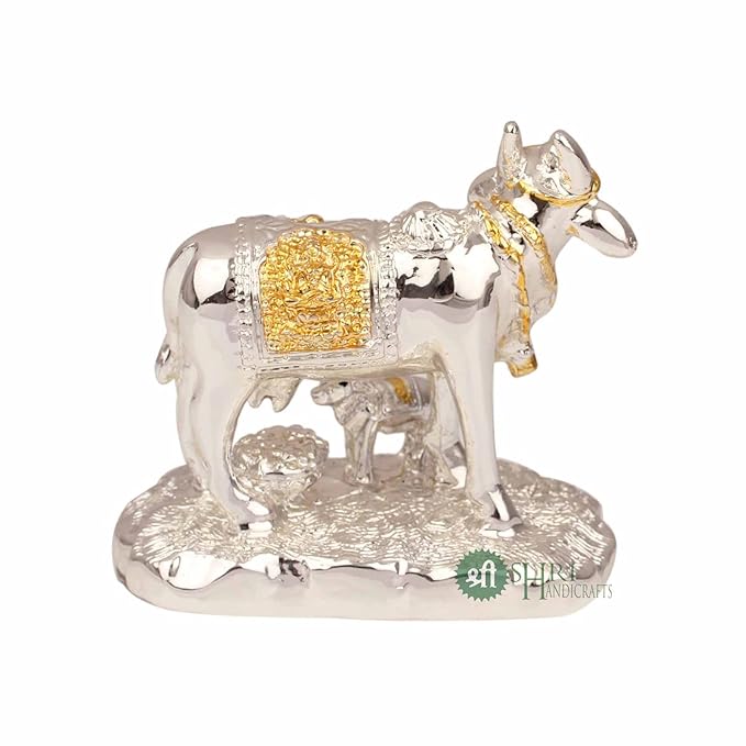 Indicast Resin Gold & Silver Plated Cow Idol With Calf Murti for Office Table and Home Decor & Gifts
