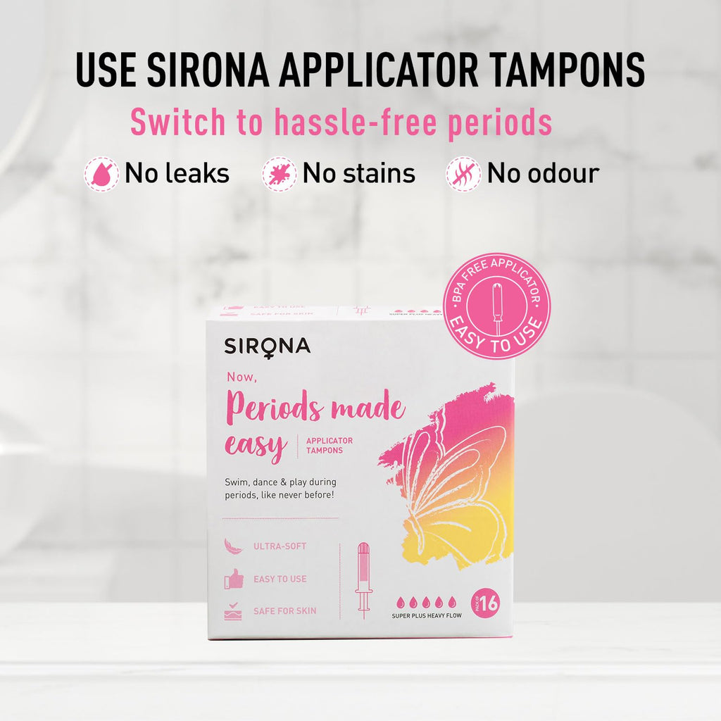 Sirona Period Made Easy Applicator Tampons for Heavy & Super Heavy Flow | 16 Pcs |Biodegradable Tampons | FDA Approved | Ultra Soft & Comfortable | Upto 100% Leak Free | Highly Absorbent Tampon for Rash Free Periods |