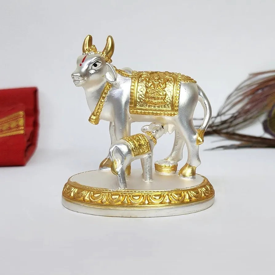 Gold Art India Kamdhenu Cow with Calf Idol Gold Silver Plated with Matte Finish 3.1 Inch