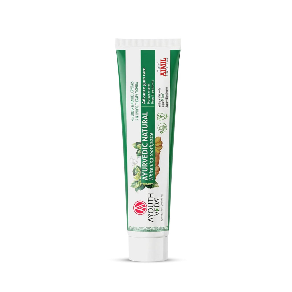 Ayouthveda Ayurvedic Natural Whitening Toothpaste | Plant-Based Formula with Ginger, Mint, Papaya & Pomegranate | Plaque & Tartar Control | Gum Comfort, Enamel Care & Fresh Breath | 100g (Pack of 1)