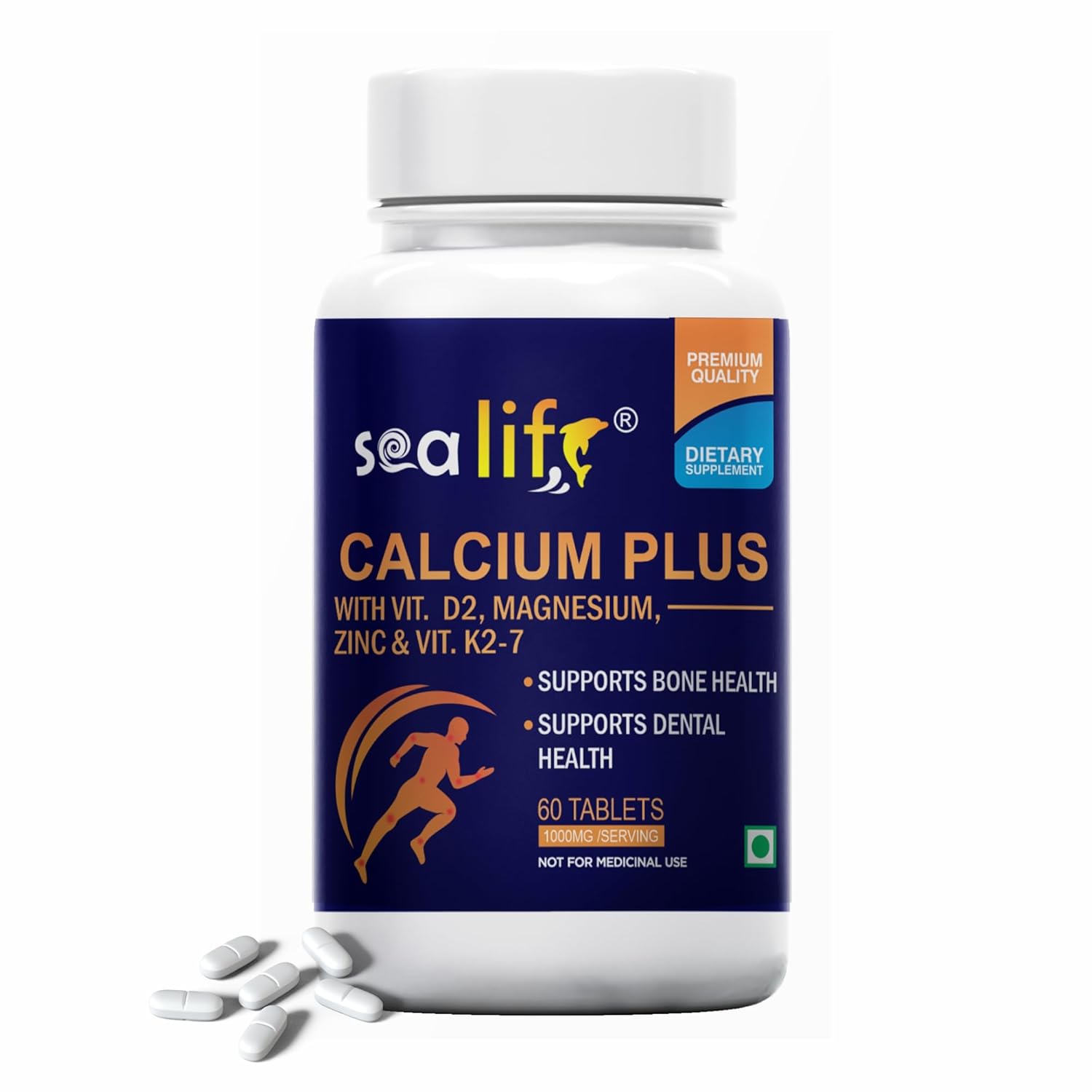 Sea Life Calcium Plus (60 Tablets) With Vitamin D2, k2-7 Magnesium & Zinc | Supports Stronger Bones, Teeth, Immunity & Muscle Health For Women and Men.