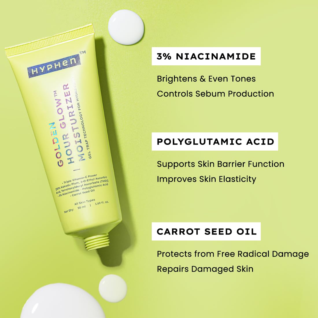 Hyphen Brightening Face Moisturizer with THD- 20% Kakadu Plum, Highly Stable Vitamin C| 3% Niacinamide- Dark Spots & Pigmentation | Lightweight Gel Cream Moisturizer for Dry, Oily, All Skin Type -50ml