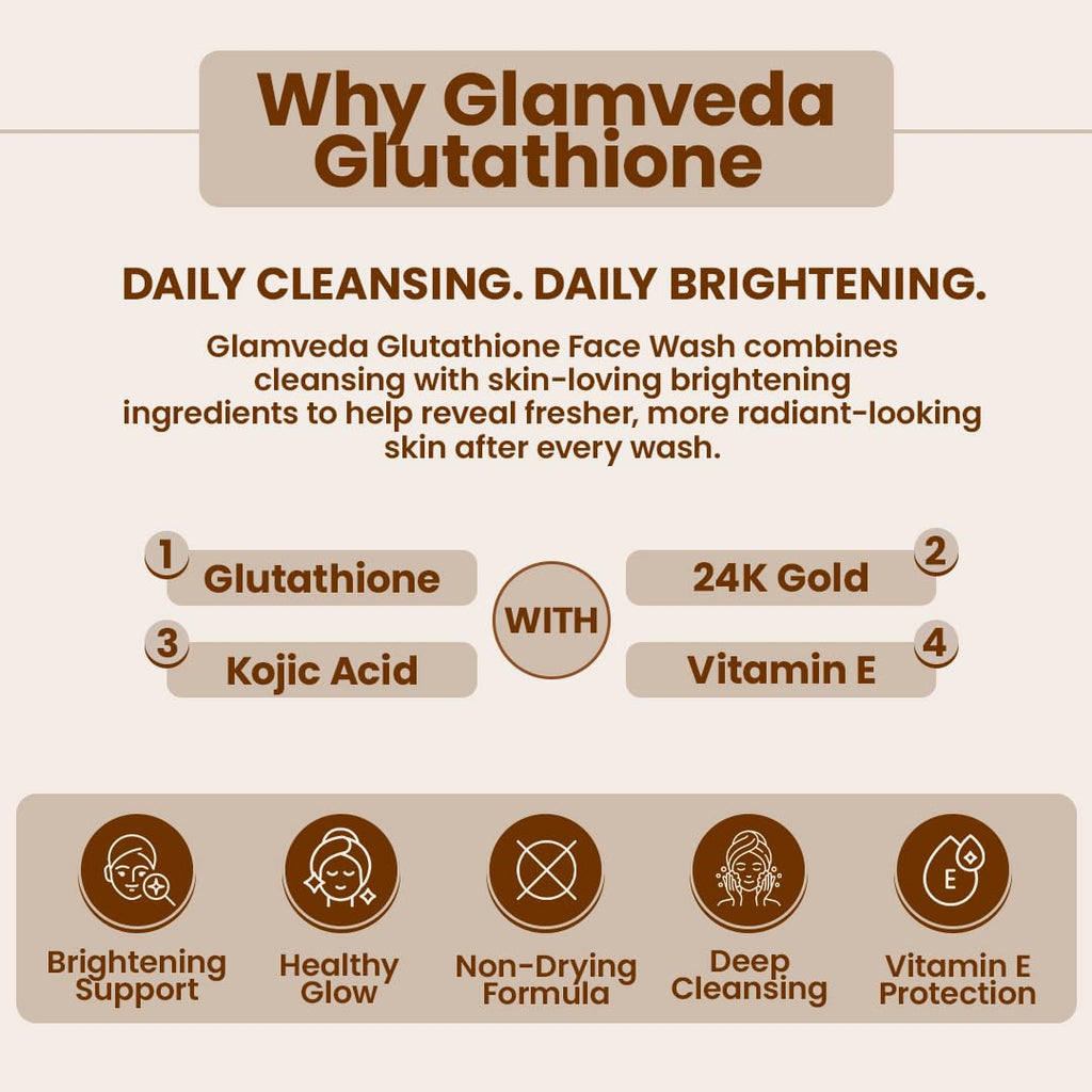 Glamveda Glutathione 24k Gold Face Wash Lightens skin tone, Dark spots & Hyperpigmentation | Glow Booster | For All Skin Types | SLS & Paraben Free 100 ml