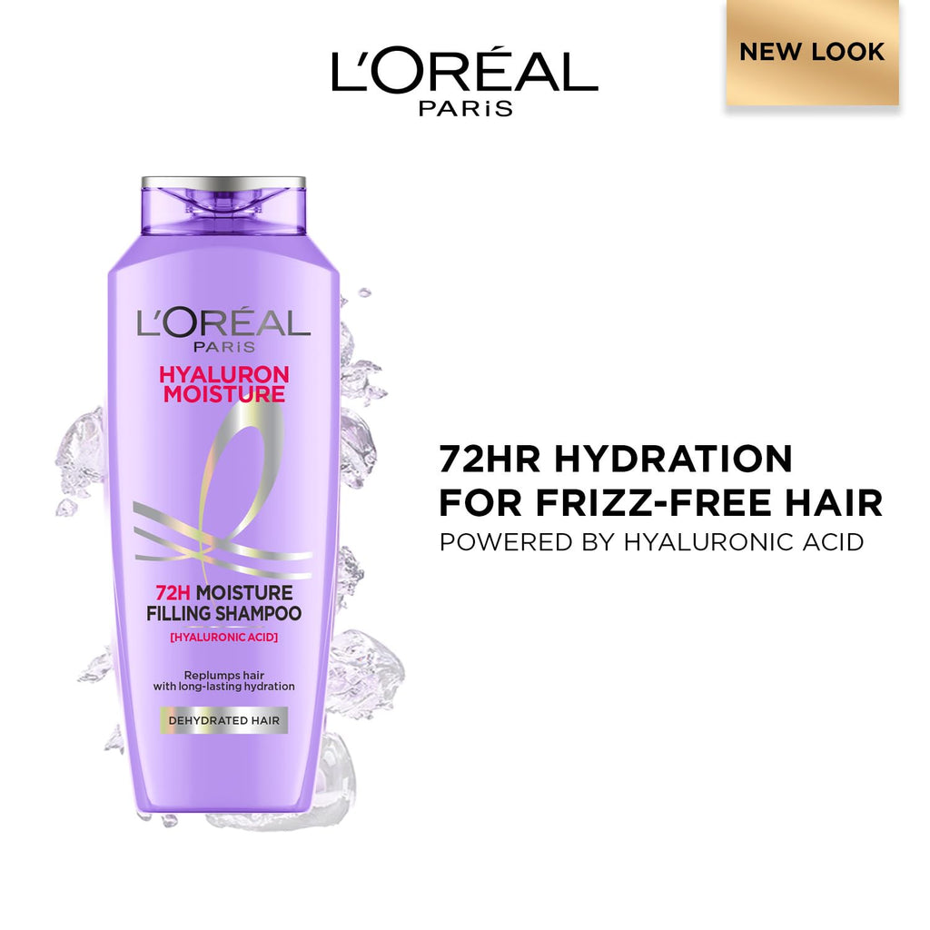 L OrÃ©al Paris Moisture Filling Shampoo, With Hyaluronic Acid, For Dry & Dehydrated Hair, Adds Shine & Bounce, Hyaluron Moisture 72H, 340Ml.