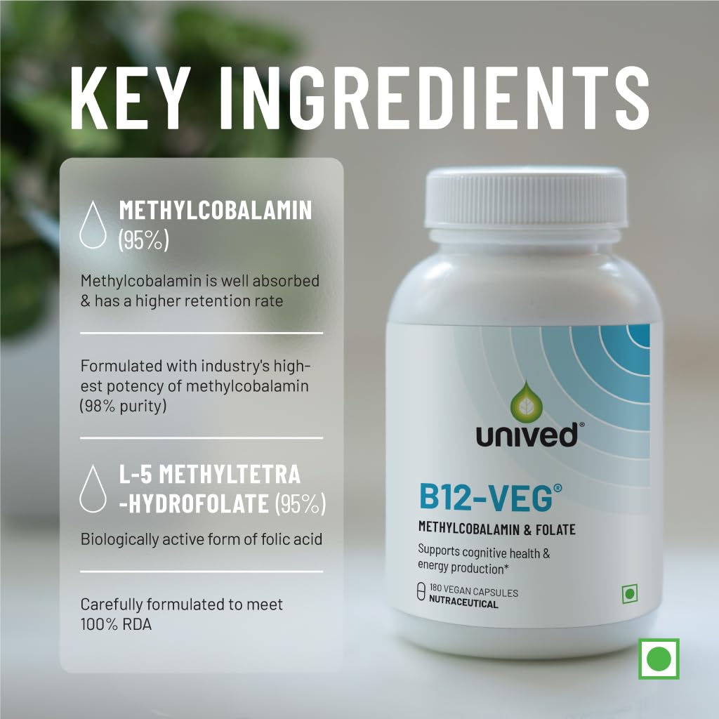 Unived Vitamin B12 Veg, Methylcobalamin (98%), with Methyltetrahydrofolate (5-MTHF), Brain Cells & Nerve Tissue Support, 180 Vegan Capsules