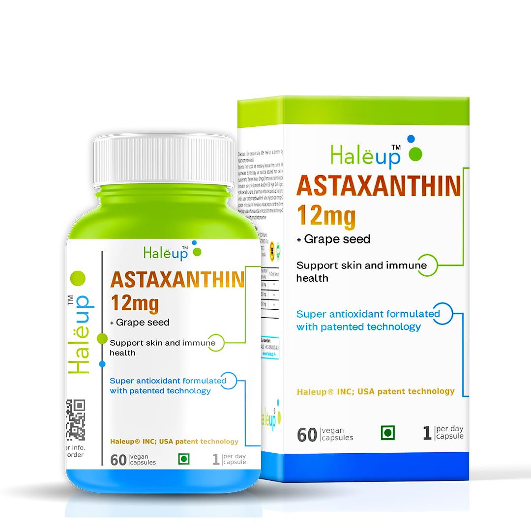 Haleup Plant Based Astaxanthin 12 mg with Grape Seed Supplement I 60 Veg Capsules I Supports Eye, Joint & Skin Health I Boosts Immune System