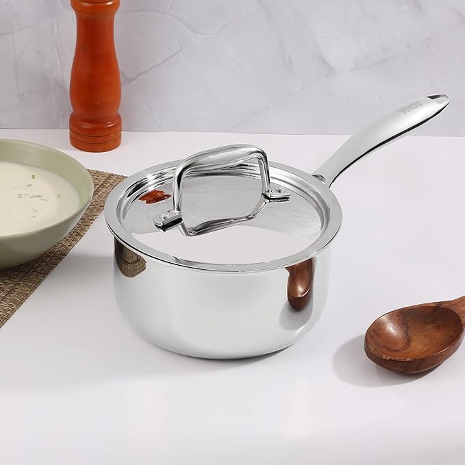 Vinod Platinum Triply Stainless Steel Saucepan with Lid - 1.2 litres (14 cm) | 2.5 mm Thick | Tea, Chai Pan