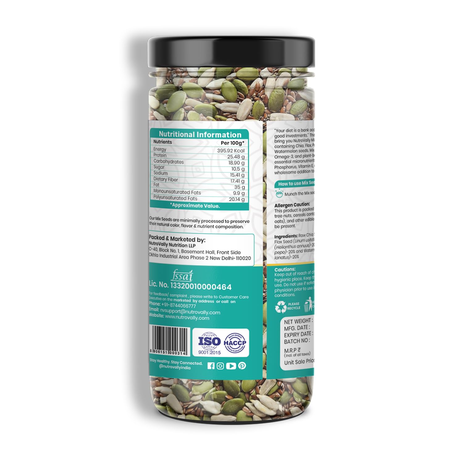NutroVally Mix Seeds (200g) 5-in-1 Seeds Combo of Flax, Chia, Pumpkin, Watermelon & Sunflower Seeds | Superfood for Weight Management | Plant-Based Healthy Diet Snacks - Jar (200g)