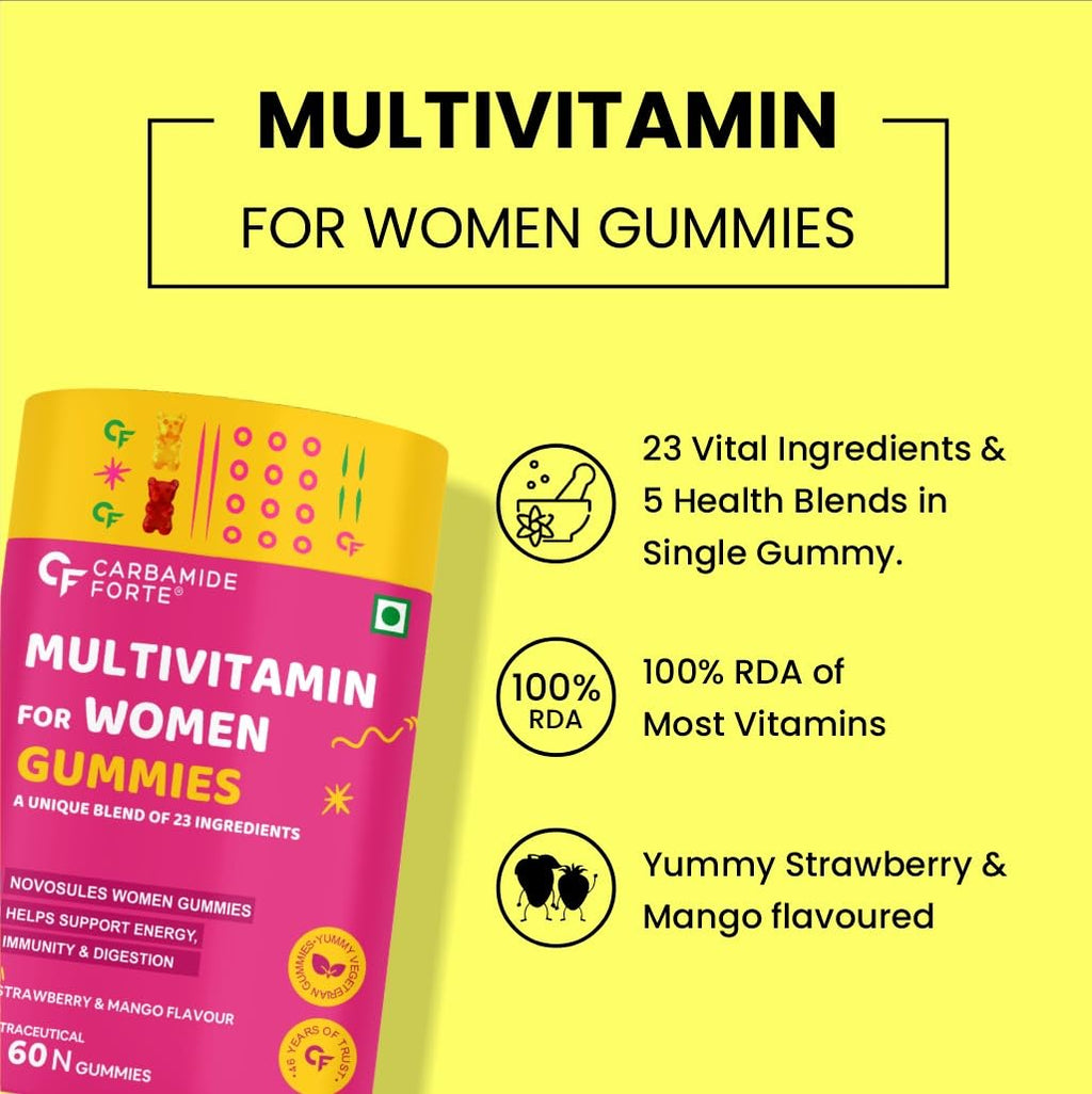 Carbamide Forte Multivitamin Gummies for Women | Multivitamin for Women' s Hair, Skin & Nails, with Biotin & Antioxidants for Immunity & Probiotics for Digestion | 23 Ingredients - 60 Veg Gummies