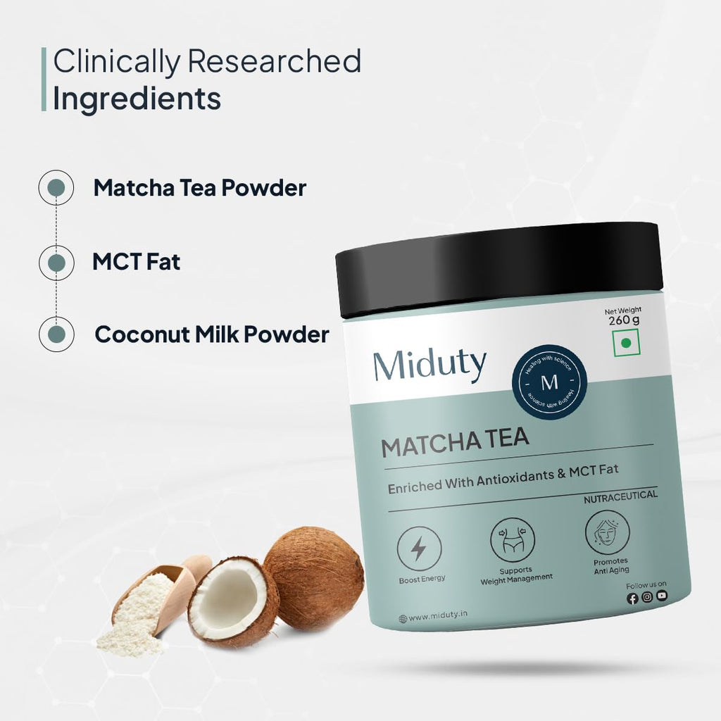 Miduty by Palak Notes Matcha Tea - Detoxifying Drink, Fat Burner - Energy Booster, Weight Management - Promote Anti Aging & Gut Health, MCT Fat - L-Theanine With Coconut Milk - Vanilla flavour - 260g