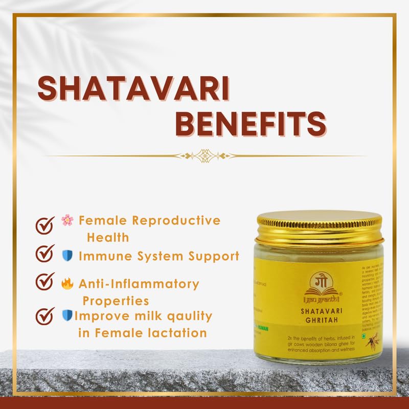 cow ved GauGranth Shatavari A2 Gir Cow Ghee – 100ml (Pack of 1) | Traditional Wooden Bilona Desi Ghee | Infused with Shatavari for Women's Wellness, Hormonal Balance, Reproductive & Digestive Health | Grassfed, 100% Pure & Natural | Glass Jar Packaging