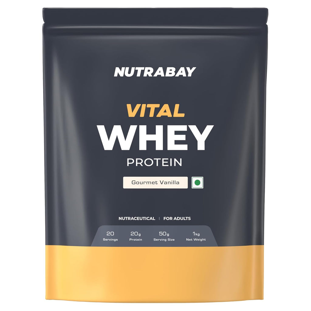 Nutrabay Gold Vital Whey Protein Powder for Beginners with Added Vitamins & Minerals â€“ Muscle Growth & Body Strength â€“ 1kg, Gourmet Vanilla | Easy to Digest | 100% Authentic Imported Clean Protein