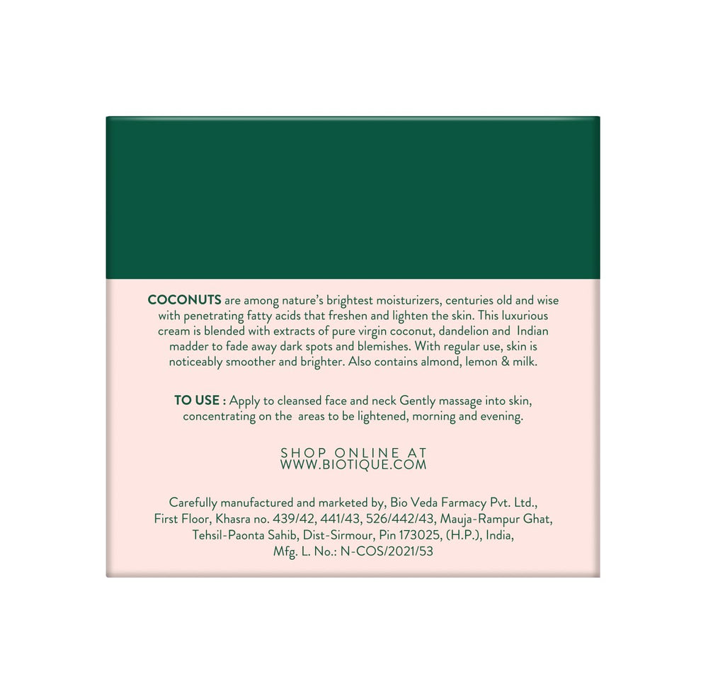 Biotique Coconut Brightening Instant Glow Cream | Lightweight and Non-Greasy | Reduces Dark Spots and Protects Ageing | Nourished and Moisturized Skin 75ml