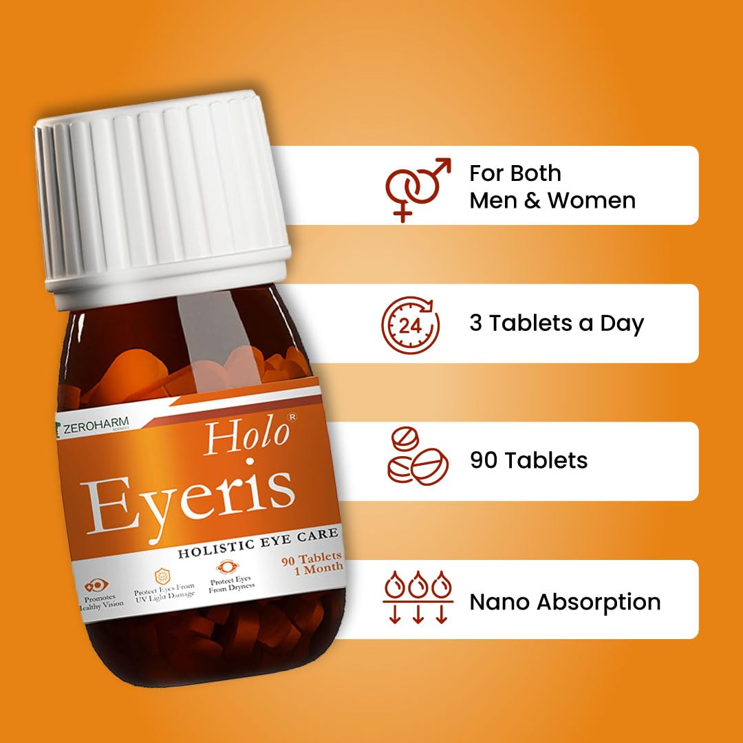 ZEROHARM Holo Eyeris | With Lutein, Zeaxanthin Eye Supplement | Supports Healthy Vision, Helps Reduce Digital Eye Strain & Fatigue from High Screen Time for Men, Women & Students - 90 Tablets