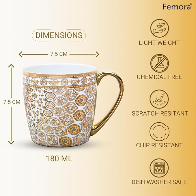 Femora Premium Ceramic Floral Medallion Coffee & Tea Cup Set of 6 | 160 Ml | Golden