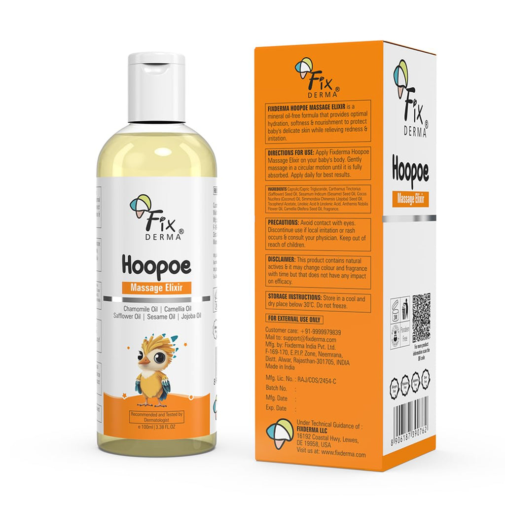 Fixderma Hoopoe Baby Massage Elixir|Baby Oil with Chamomile, Camellia, Safflower, Seasome & Jojoba Oil |Baby Massager Oil | Dermatologist Tested (100 Ml)