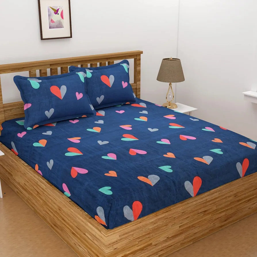 Homefab India 144 TC Microfiber Double Bedsheet with 2 Pillow Covers Dark Blue Heart