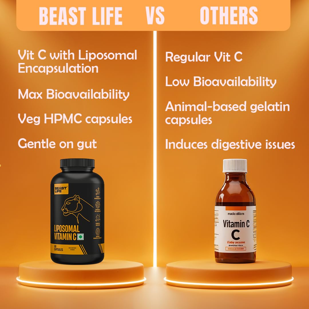BeastLife Liposomal Vitamin C | Higher bioavailability | Neutralizes free radicals | Promotes firm skin Health | Improve cognitive function Immunity Support– Fast Absorption & Bioavailability | 60 Capsules
