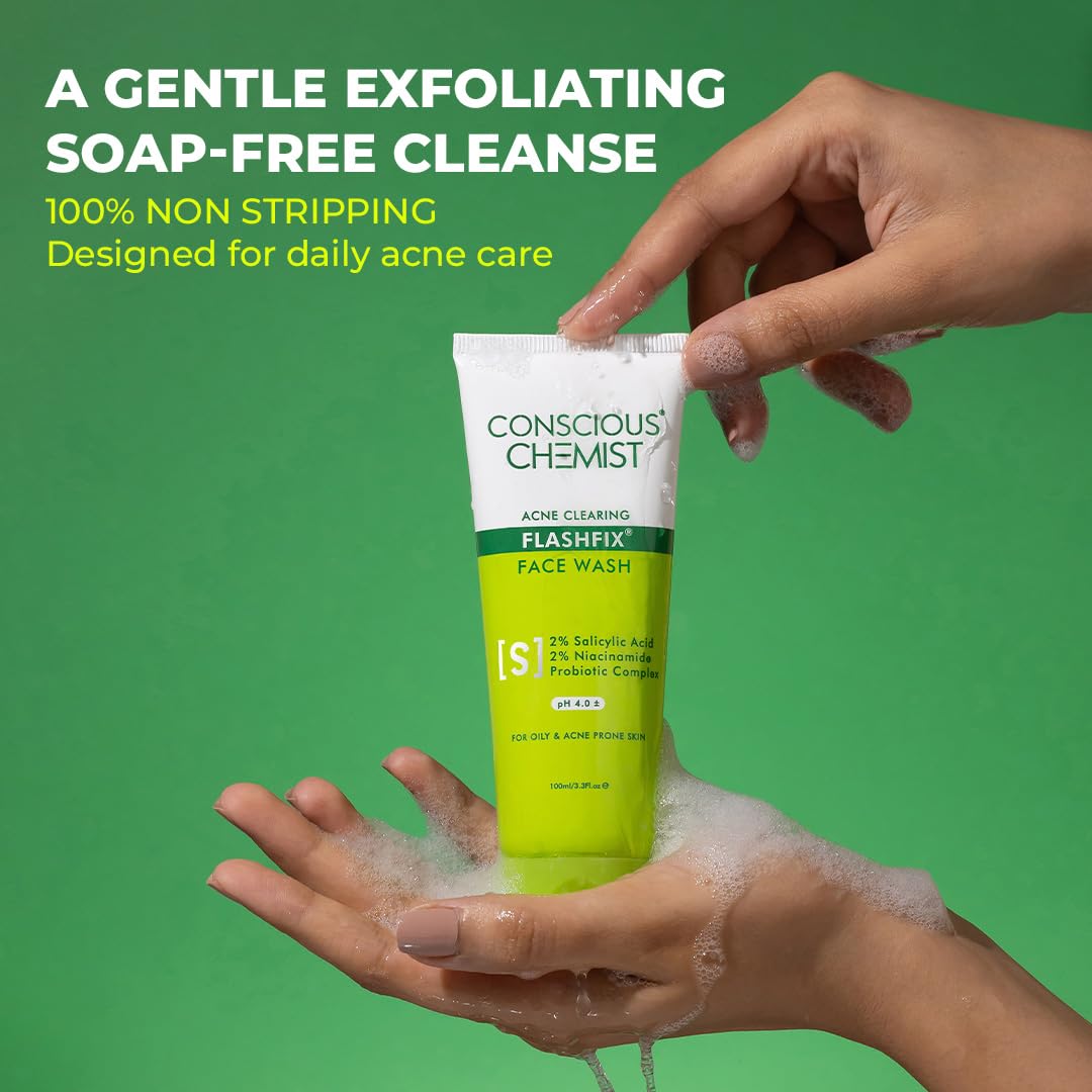 Conscious ChemistÂ® 2% Salicylic Acid Face Wash | 100ml | Face Wash for Oily & Acne Prone Skin for Men & Women, Glycolic Acid & CICA Extract, For Glowing & Radiant Skin, Vegan & Cruelty Free - Flashfix