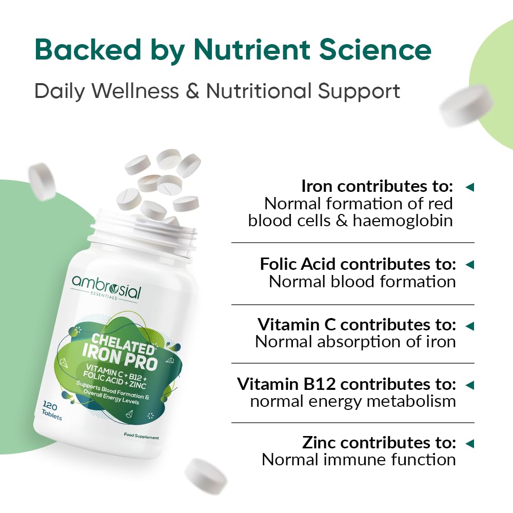 Ambrosial Iron Bisglycinate with Folic Acid, Vitamin C, Vitamin B12 & Zinc | Chelated Iron Tablets for Men & Women | 120 Vegetarian Tablets