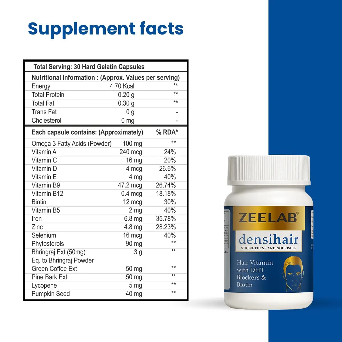 Zeelab Densihair Men Hair Growth Capsules | Biotin, Omega 3, Pumpkin Seed & Bhringraj Extract | Reduces Hair Fall & Supports Thicker Hair | Multivitamin Supplement for Men | 30 Capsules