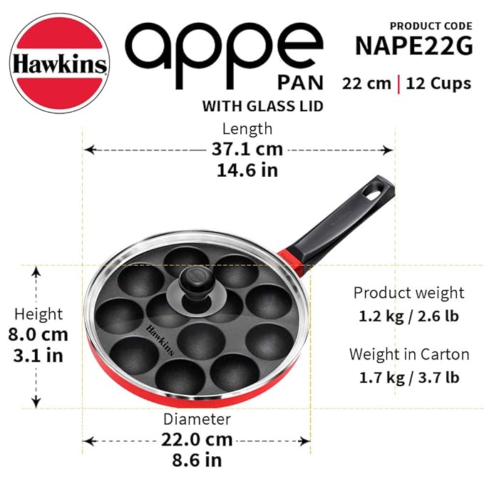 Hawkins Nonstick Appe Pan with Glass Lid, 12 Cups, Diameter Black Cast Aluminium, Red