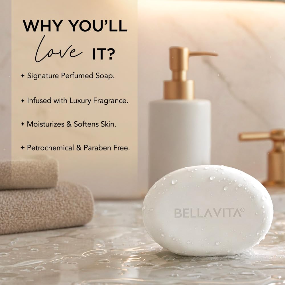 BELLAVITA White Oud Perfume Bathing Soap | Moisturising Skin | 99% Glycerin | Intense Freshness | Long-Lasting Fragrance | Paraben-Free | Mineral Oil-Free | Pack of 3 | 300g
