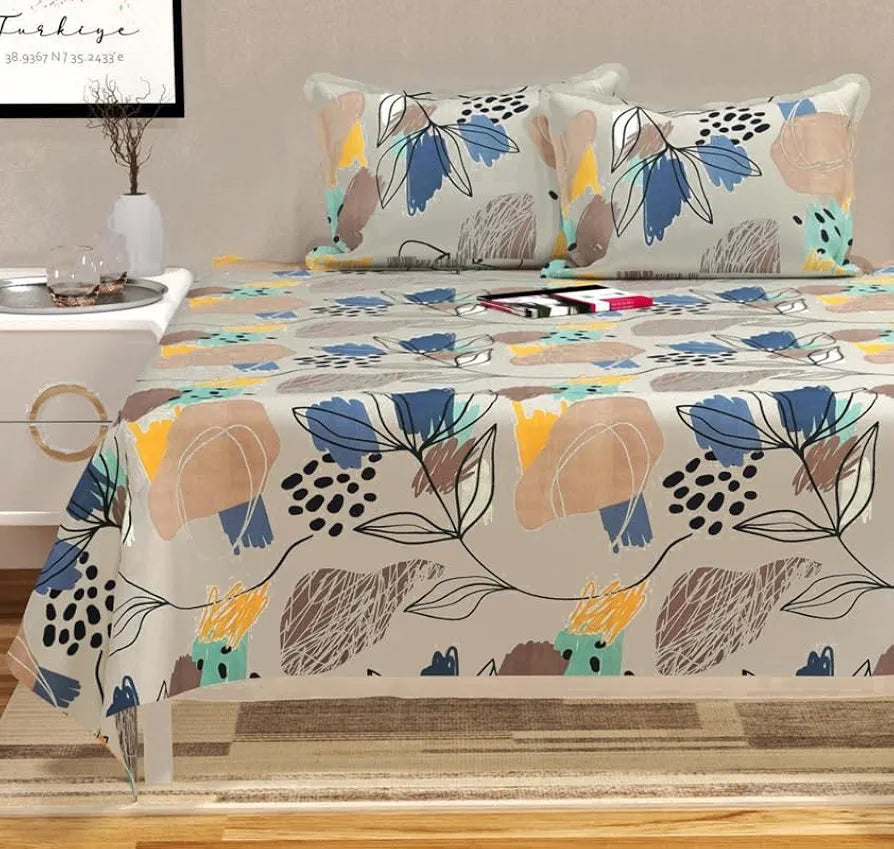 HomeKart Floral Printed Cotton Feel Double Bedsheet with 2 Pillow Covers 200 Tc Soft  Premium Printed Bedsheet for Home Bedroom Grey & Blue