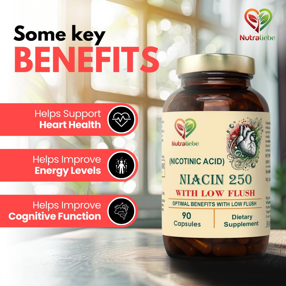 Nutraliebe Niacin Nicotinic Acid - Moderate Dose, Low Flush Formula, 90 Capsules for Cardiovascular and Energy Support