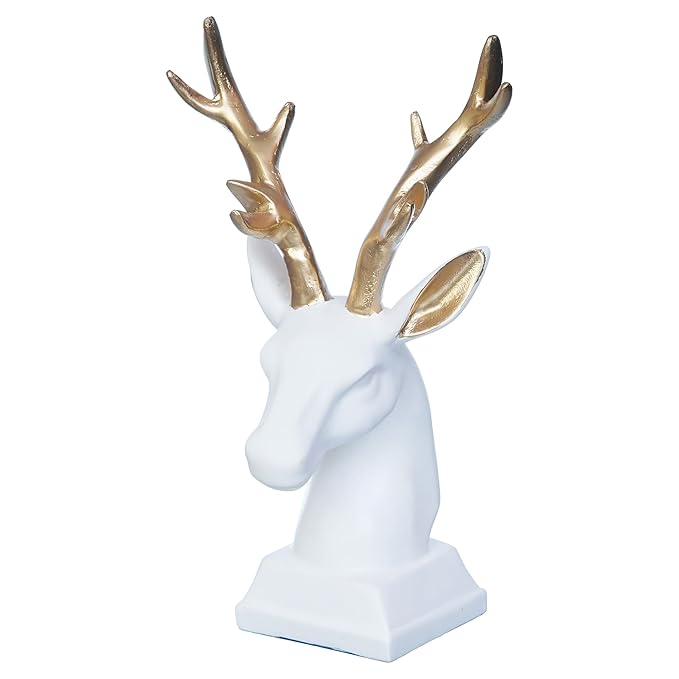 Ecraftindia White Polyresin Reindeer Head Statue With Golden Antlers Animal Showpiece