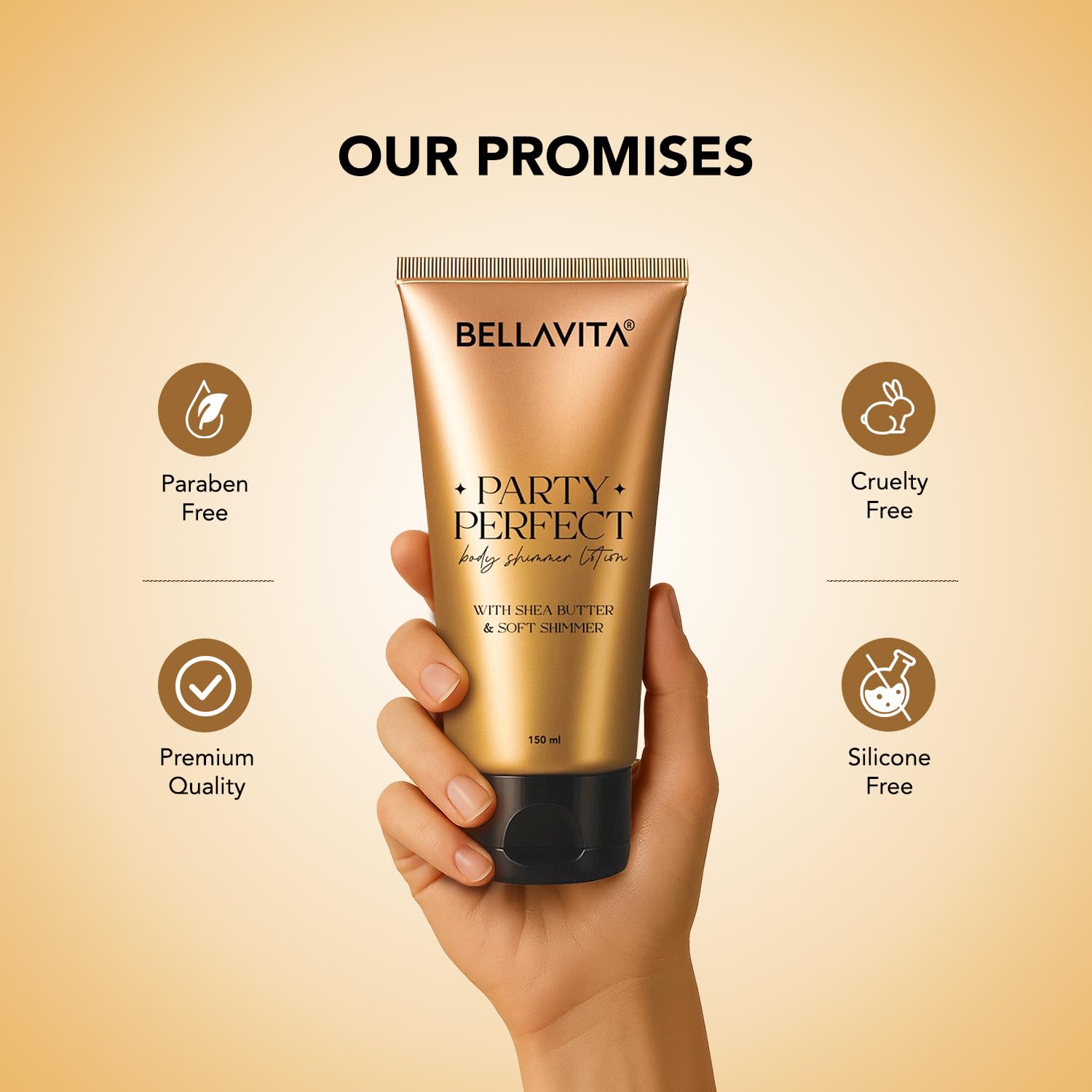 BELLAVITA Party Perfect Body Shimmer Lotion | Instant 3D Glow | Party-Ready Sheen | Butter-Rich Deep Hydration | Lightweight & Non-Sticky | 150ml