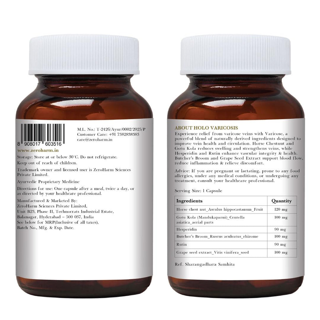 ZEROHARM Holo Varicosis With Horse Chestnut, Gotu Kola, Hesperidin, Rutin, Butcherâ€™s Broom & Grape Seed Extract | Reduce Varicose Veins, Boost Circulation and Leg Comfort | For Men and Women | 60 Nano Capsules