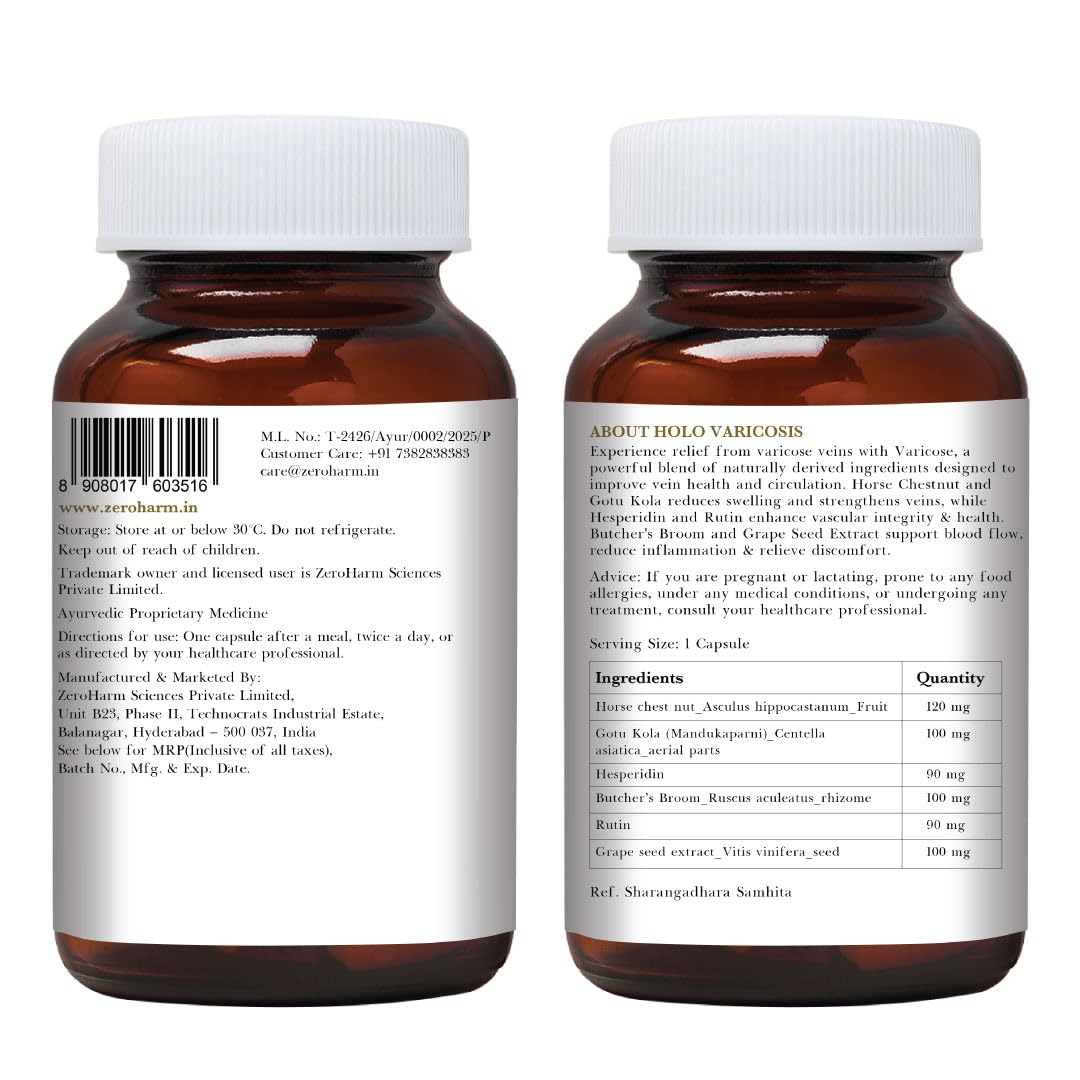 ZEROHARM Holo Varicosis With Horse Chestnut, Gotu Kola, Hesperidin, Rutin, Butcherâ€™s Broom & Grape Seed Extract | Reduce Varicose Veins, Boost Circulation and Leg Comfort | For Men and Women | 60 Nano Capsules