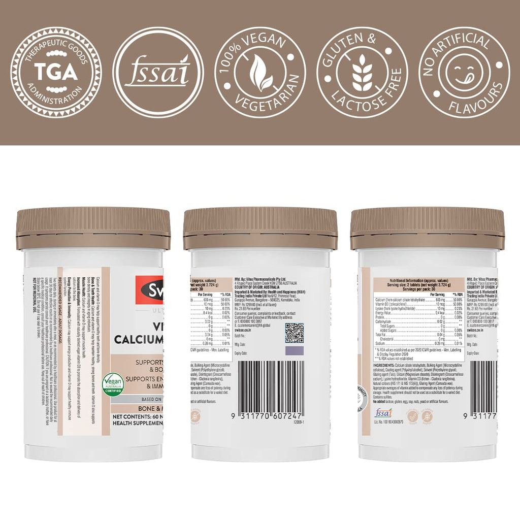 Swisse Vegan Calcium + Vitamin D3 for Stronger Bones, Teeth, Muscles & Immunity - 60 Tablets (Manufactured In Australia, Vegan Source Calcium Supplement For Higher Absorption)