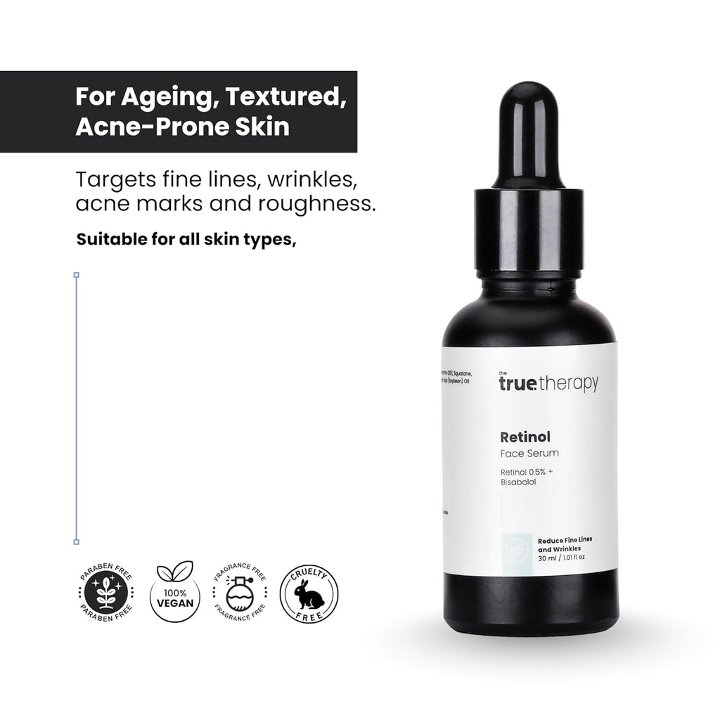 The True Therapy 0.5% Retinol Face Serum for Anti-Aging, Lightweight Night Face Serum with Retinol, Bisabolol & Squalane Reduce Fine Lines & Wrinkles | For Women & Men â€“ 30 ml