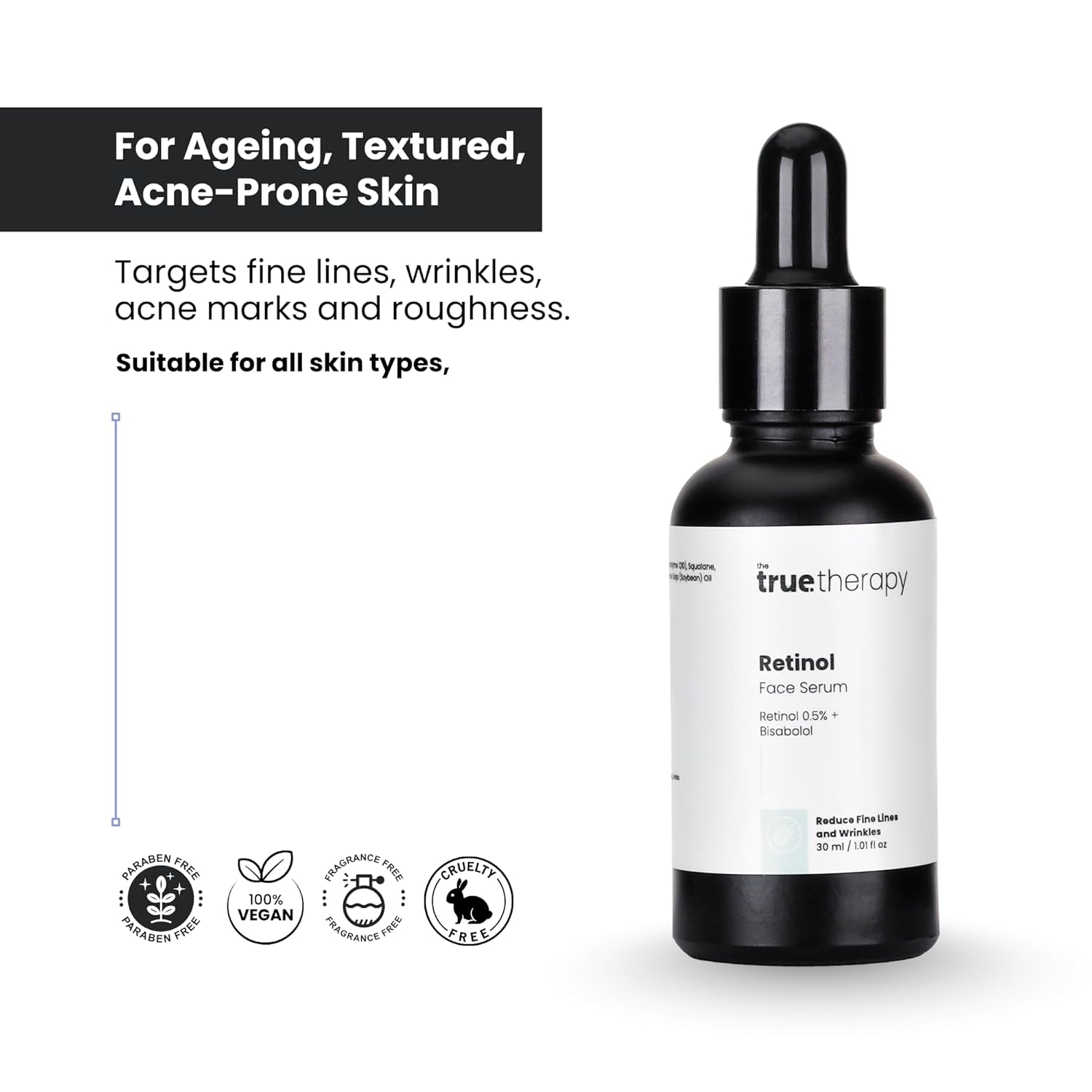 The True Therapy 0.5% Retinol Face Serum for Anti-Aging, Lightweight Night Face Serum with Retinol, Bisabolol & Squalane Reduce Fine Lines & Wrinkles | For Women & Men â€“ 30 ml