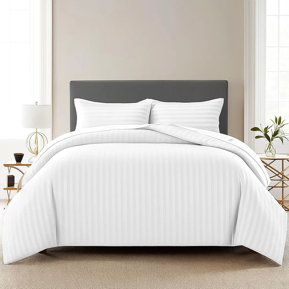 Trance Home Linen Zippered 100% Cotton 200 TC Satin Stripe Queen Duvet Cover Quilt Cover with 2 Pillow Covers Colour White