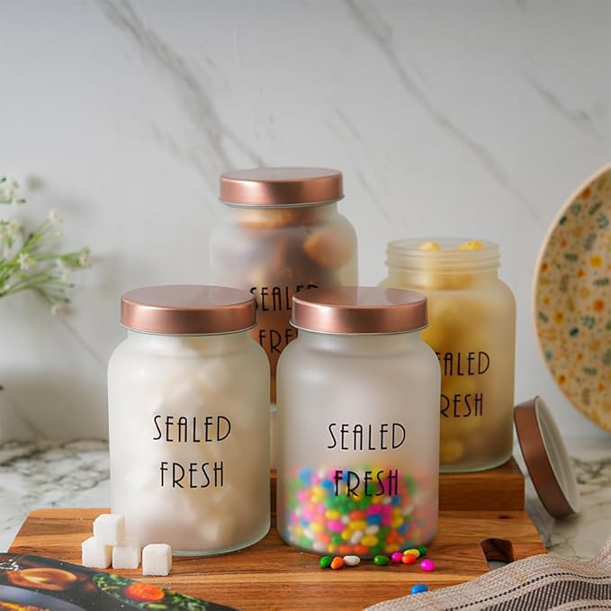 Femora Kitchen Storage Jars Frosted Glass Jar With Steel Lid Air Tight Jar | 1000 Ml | Pack of 2 | Golden Lid