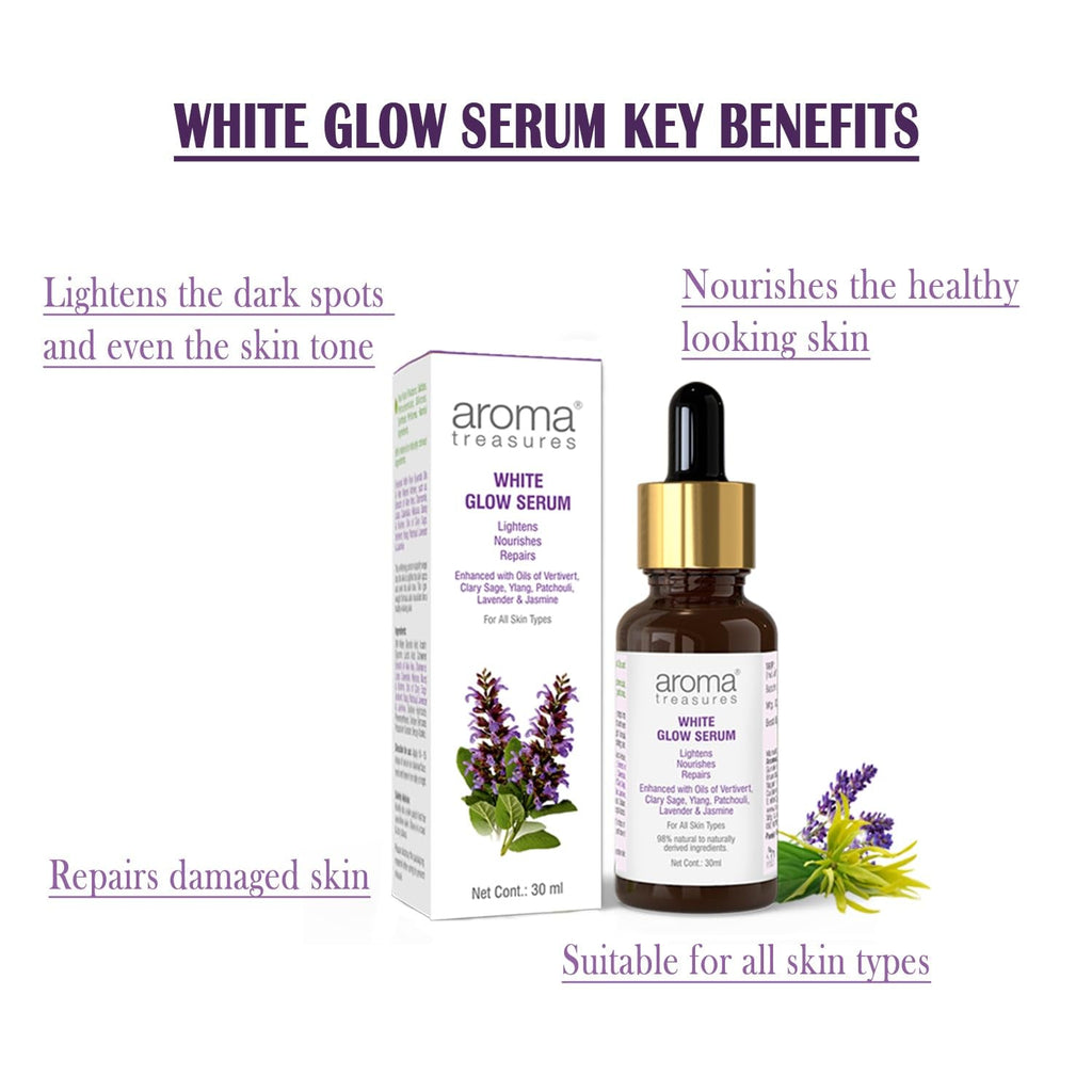 Aroma Treasures White Glow Face Serum | Skin Brightening and Anti-Dark Spots | Lightens, Nourishes, Repairs | 98% Natural to Naturally Derived Ingredients | For all skin types - 30ml