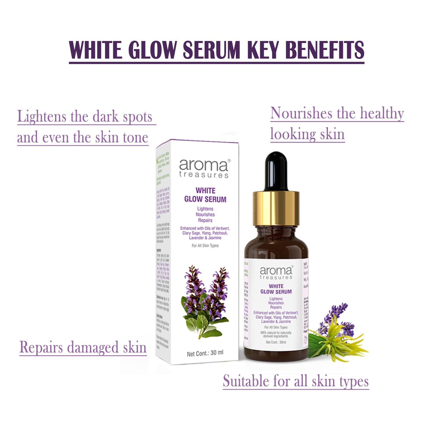 Aroma Treasures White Glow Face Serum | Skin Brightening and Anti-Dark Spots | Lightens, Nourishes, Repairs | 98% Natural to Naturally Derived Ingredients | For all skin types - 30ml