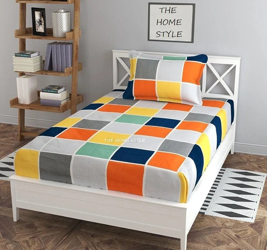 The Home Style Cotton Feel Glace Cotton Elastic Single Bed Bedsheet with 1 Pillow Cover Vibrant Checks