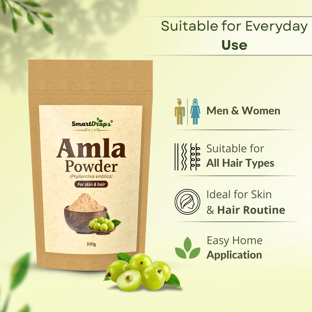 Smartdrops Amla Powder for Hair Care Natural Hair Pack Powder for Scalp Massage Hair Mask DIY Hair Care Routine | Indian Gooseberry | Ideal for Hair, Skin, or Culinary Use | 100g (Pack-1)