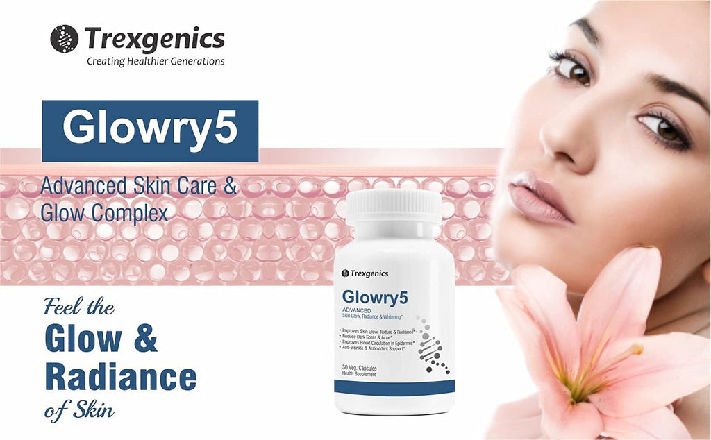 Trexgenics GLOWRY5 Advanced L-GLUTATHIONE Skin Care Complex with Skin Antioxidant Vitamins & Natural Herbs (30 Veg. Capsules) (Pack of 1)