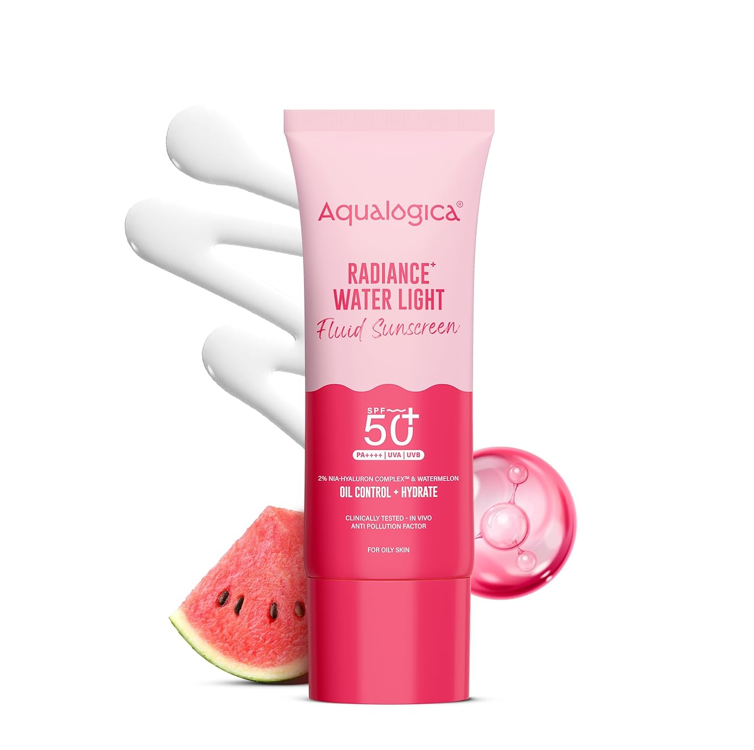 Aqualogica Radiance+ Water Light Fluid Sunscreen SPF 50+ PA++++, 25g | 2% Nia-Hyaluron Complex | Broad Spectrum UVA/UVB & Blue Light Protection | Fragrance-Free | No White Cast | Ultra-Lightweight | Travel Friendly | For Men & Women