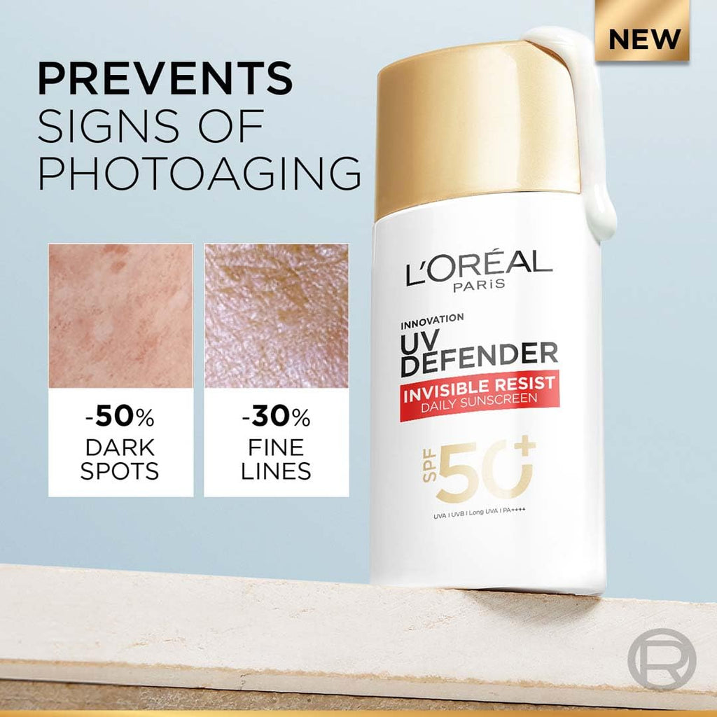 L'Oreal Paris Uv Defender Invisible Resist Daily Sunscreen Spf50+ Pa++++ 50Ml |All Skin Lightweight, Waterproof, Sweatproof & Protects From Pollution & Dust