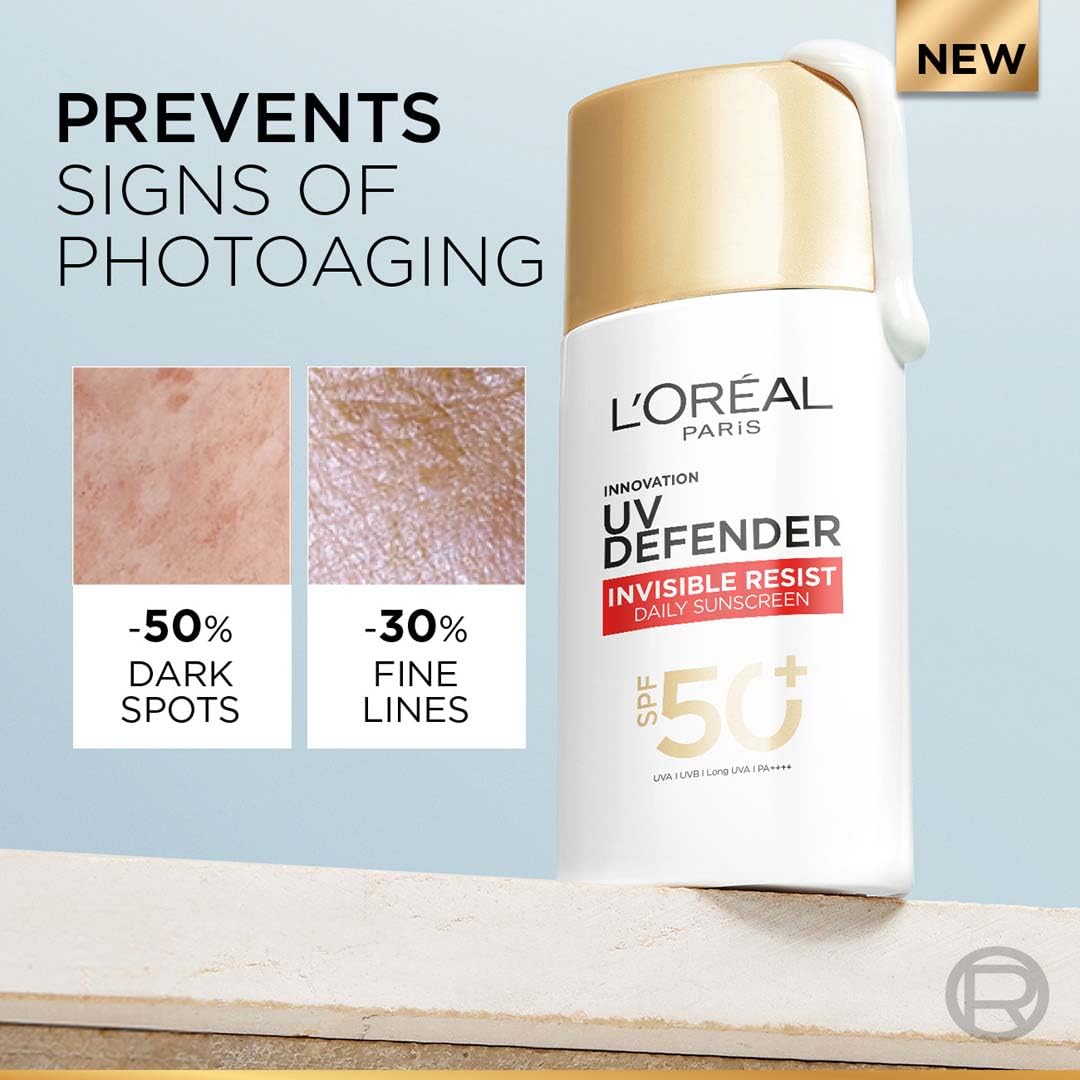 L'Oreal Paris Uv Defender Invisible Resist Daily Sunscreen Spf50+ Pa++++ 50Ml |All Skin Lightweight, Waterproof, Sweatproof & Protects From Pollution & Dust
