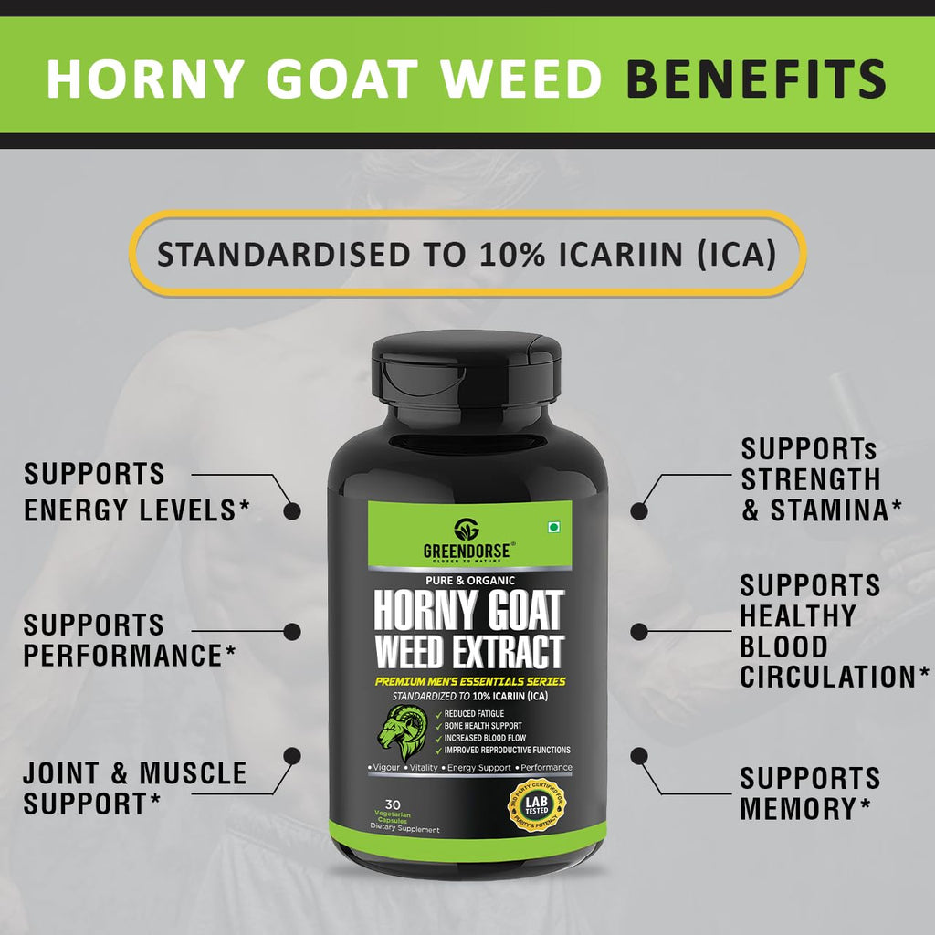 GREENDORSE Horny Goatweed (Epimedium) Extract Capsule | High Potency 10% Icariin by HPLC | For better Circulation, Strength, Stamina, Performance & Energy - 30 Veg Capsules