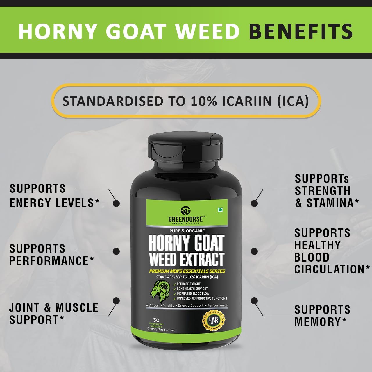 GREENDORSE Horny Goatweed (Epimedium) Extract Capsule | High Potency 10% Icariin by HPLC | For better Circulation, Strength, Stamina, Performance & Energy - 30 Veg Capsules