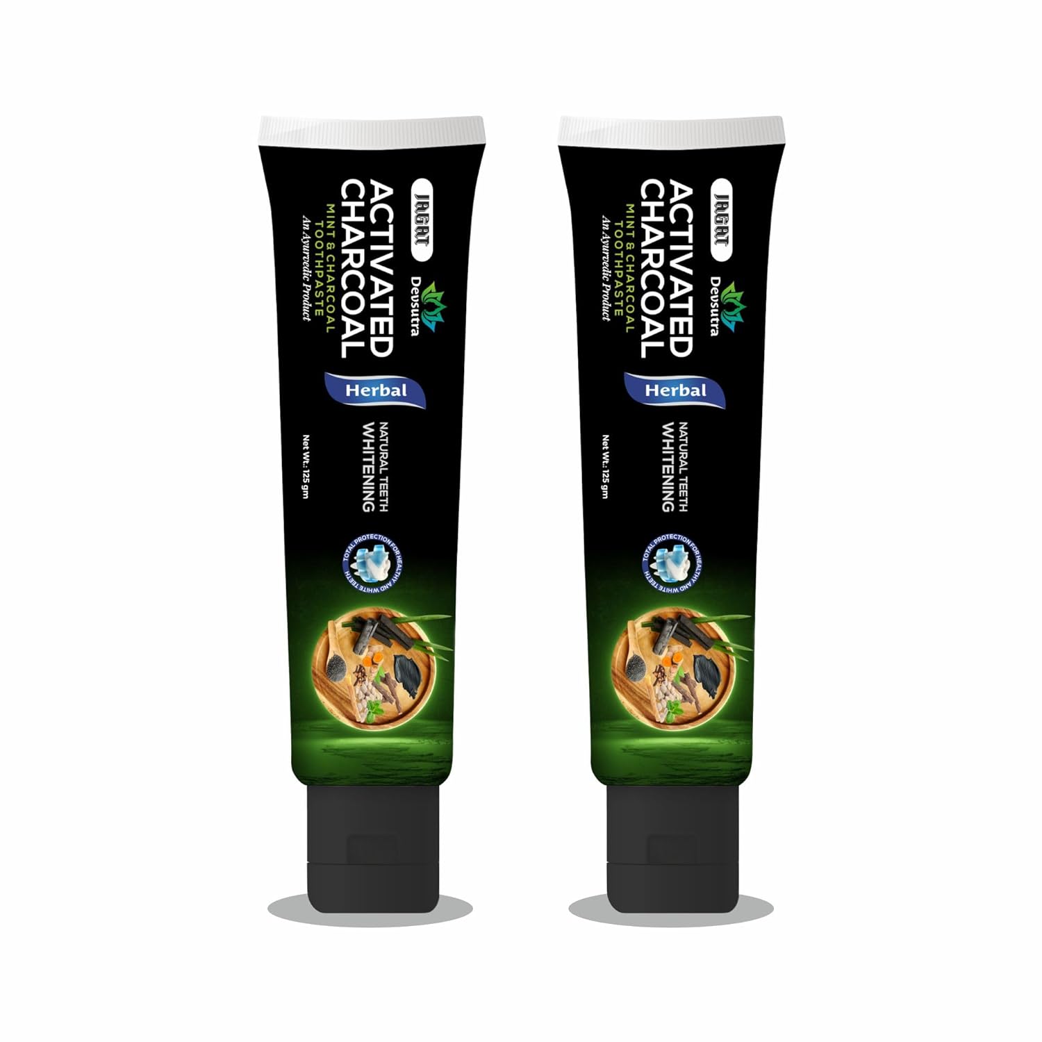 Jagat Devsutra Dr. Trusted Ayurvedic HERBAL Activated Charcoal Toothpaste for Teeth Whitening - 100% Natural Formula with Mint Flavour, No Fluoride & Artificial Colours - Pack of 2 (125g x 2)
